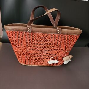 Chic Orange Crochet Tote with Brown Accents